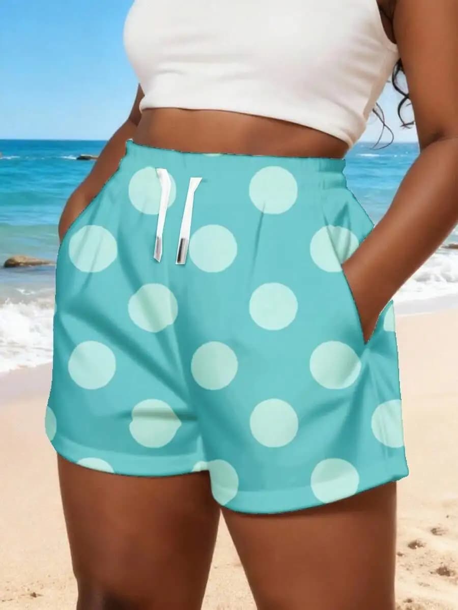 Pantaloncini da donna a vita alta turchesi a pois, casual estivi da spiaggia