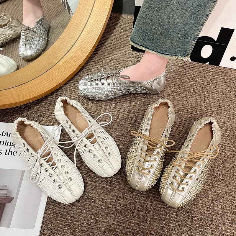 Sandali Donna Estivi 2026 Nuovi Ballerine Francesi Traspiranti Eleganti Casual da Spiaggia con Lacci Incrociati Punta Chiusa