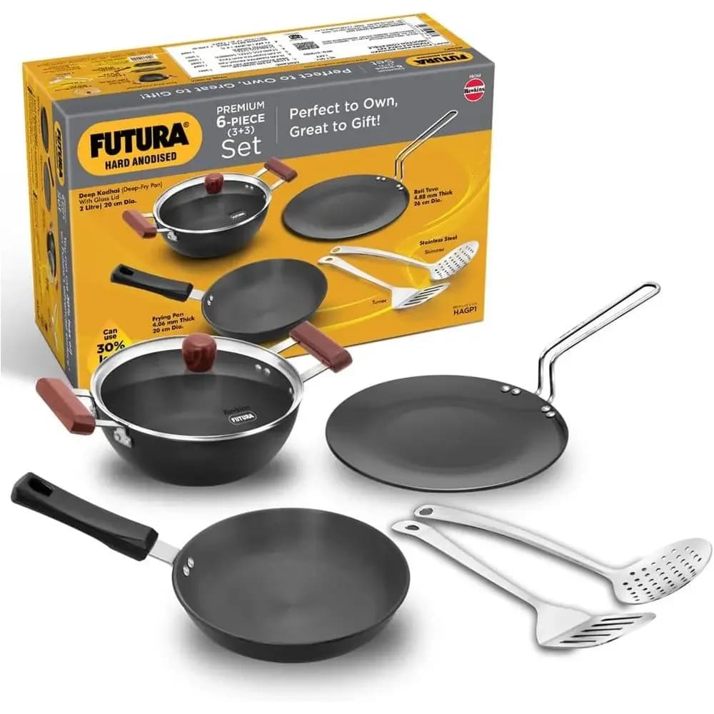 6-Piece Hard Anodized Induction Cookware Set - 2L Kadai, 20cm Frying Pan, 26cm Tava, Glass Lid, Stainless Steel Skimmer & Turner