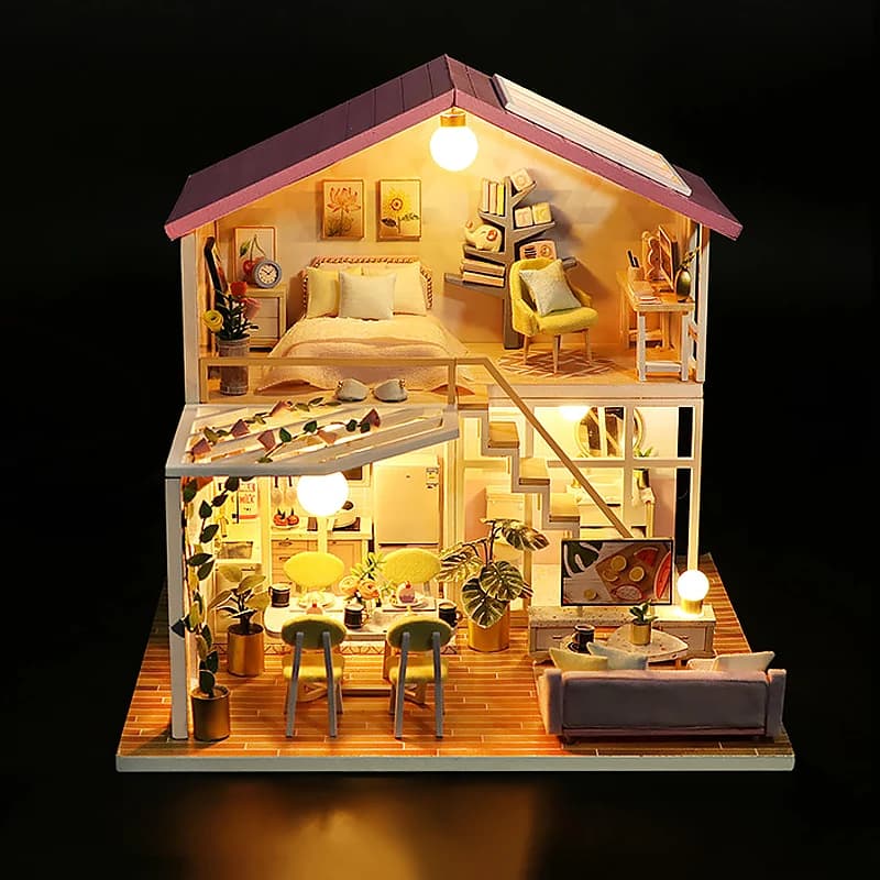 Wooden Miniature Dolls House Puzzle 3D Assembly Model Building Toys House Bedroom Decoration with Furniture LED Lights Dolls Case