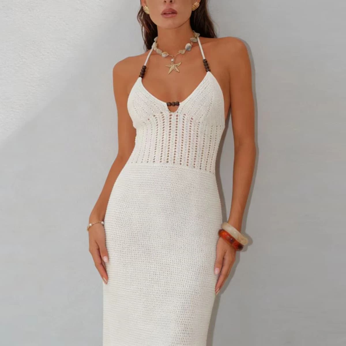 Abito Traforato Lavorato a Maglia per Vacanze al Mare e Feste, Copricostume con Perline e Laccetti, Moda Estiva, Stile Elegante