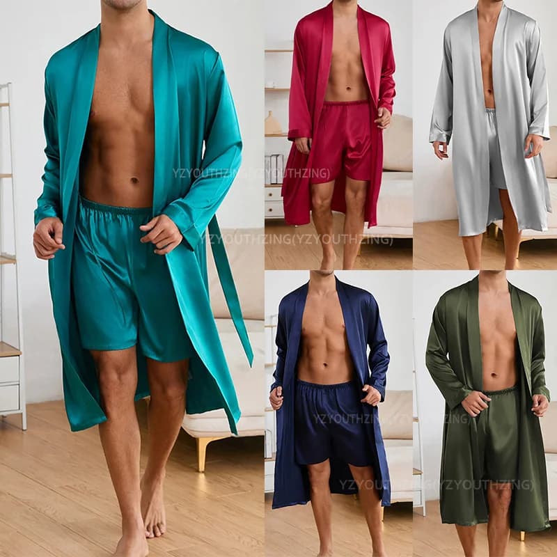 Set di indumenti da notte in tinta unita da uomo in raso setoso da uomo da notte allentato pigiama da uomo giapponese set estivo nuovo kimono pantaloncini pigiama completo