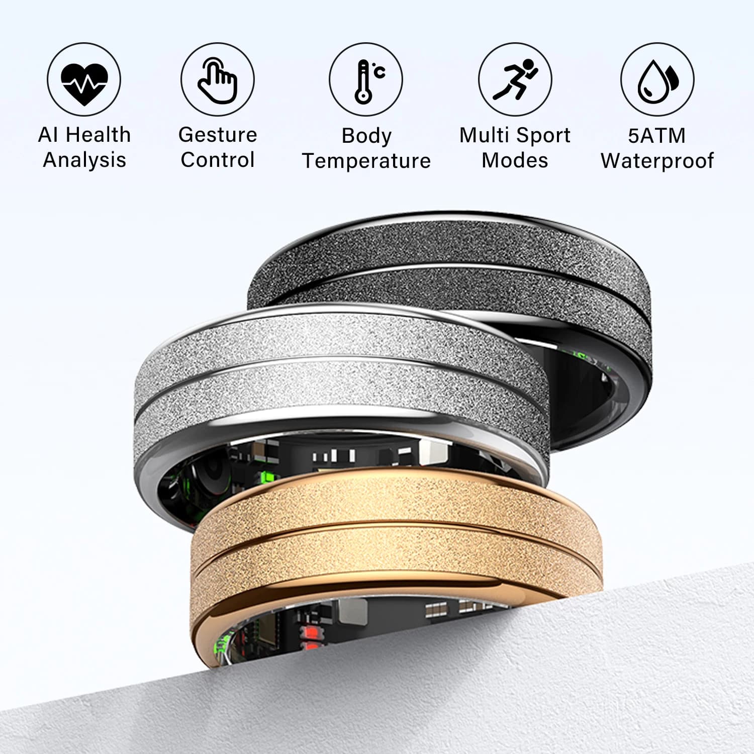 Smart Ring Men Women AI Health Analysis Heart Rate Body Temperature 5ATM Waterproof Multi Sport Modes Gesture Control Smart Ring