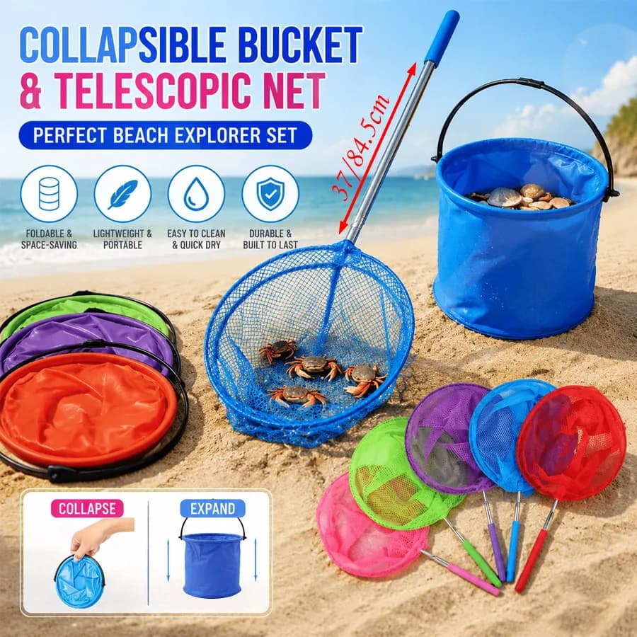 2-in-1 Kids Fishing Kit, Telescopic Net & Foldable Bucket, Lightweight Portable Outdoor Toy for Beach Camping Garden
