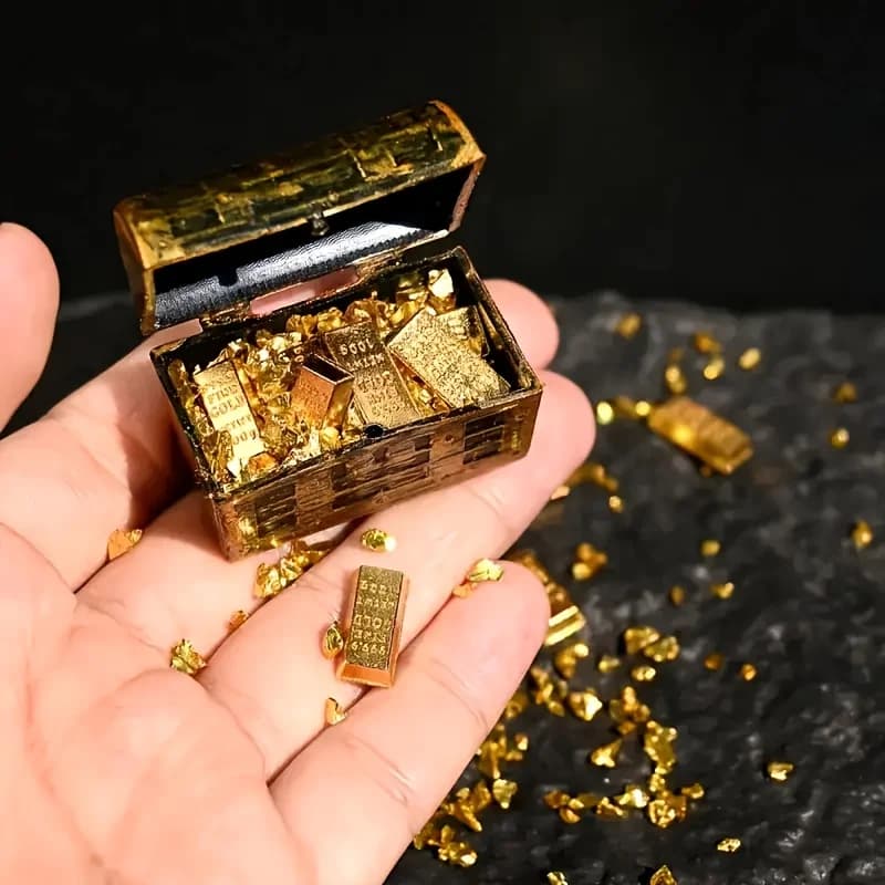 Miniature Pirate Treasure Chest, Featuring Gold Coins, Gold Bars, Aquatic Decor & Realistic Artificial Plants