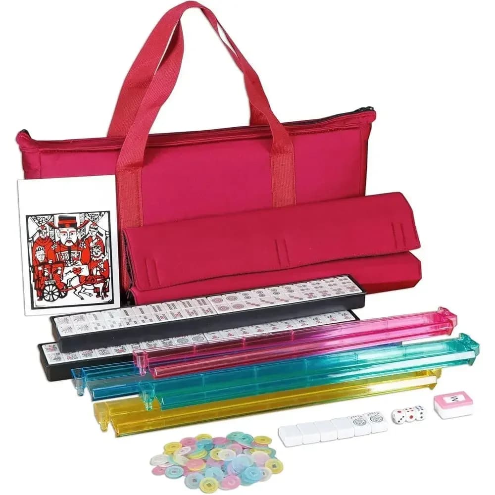Set Classico di Mahjong Formato Grande con 166 Tessere, 4 Supporti, Borsa Rossa con Cordoncino e Accessori