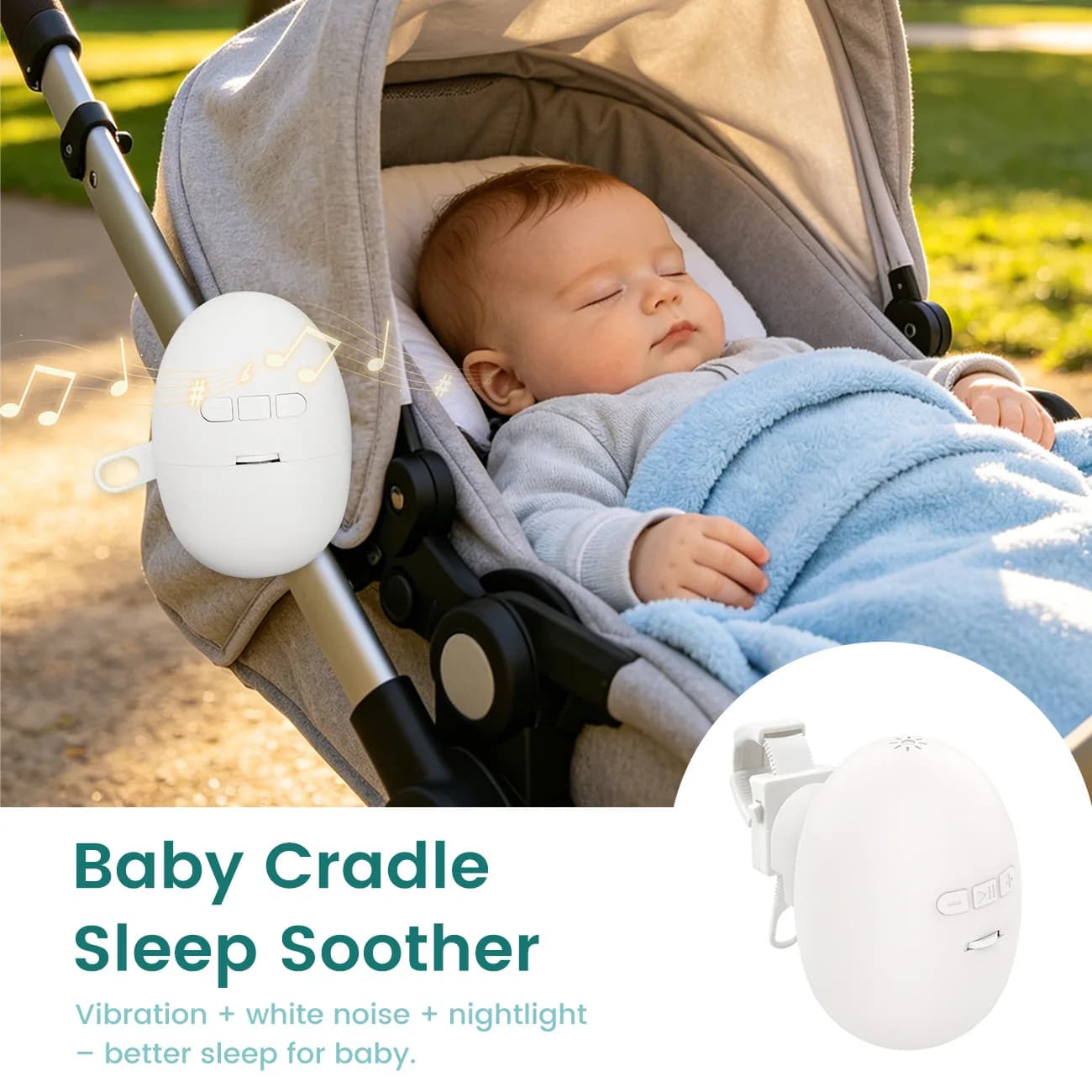 Baby Cradle Sleep Soother with Adjustable Vibration, White Noise & Touch Control Nightlight, Type-C Rechargeable Clip-On Infant