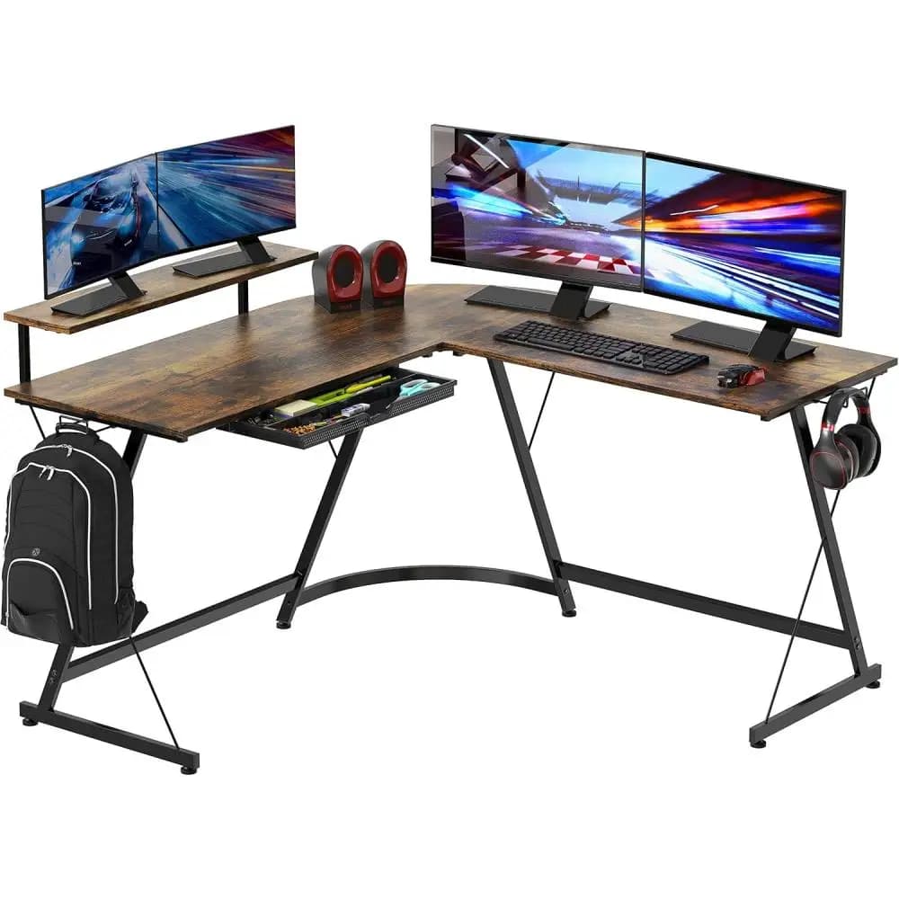 Scrivania a forma di L Vista da 51 x 51 pollici con supporto per monitor e cassetto, marrone rustico