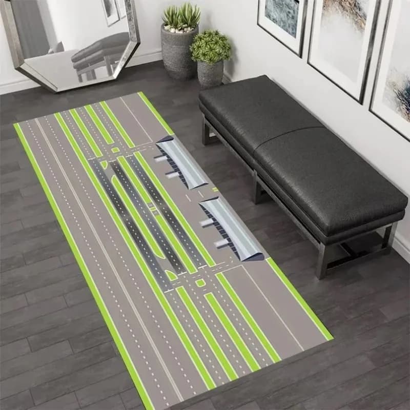 Tappeto Verde a Tema Pista Aeroportuale, Tappeto per Soggiorno, Camera da Letto, Bordo del Divano, Tappetino Decorativo per la Casa