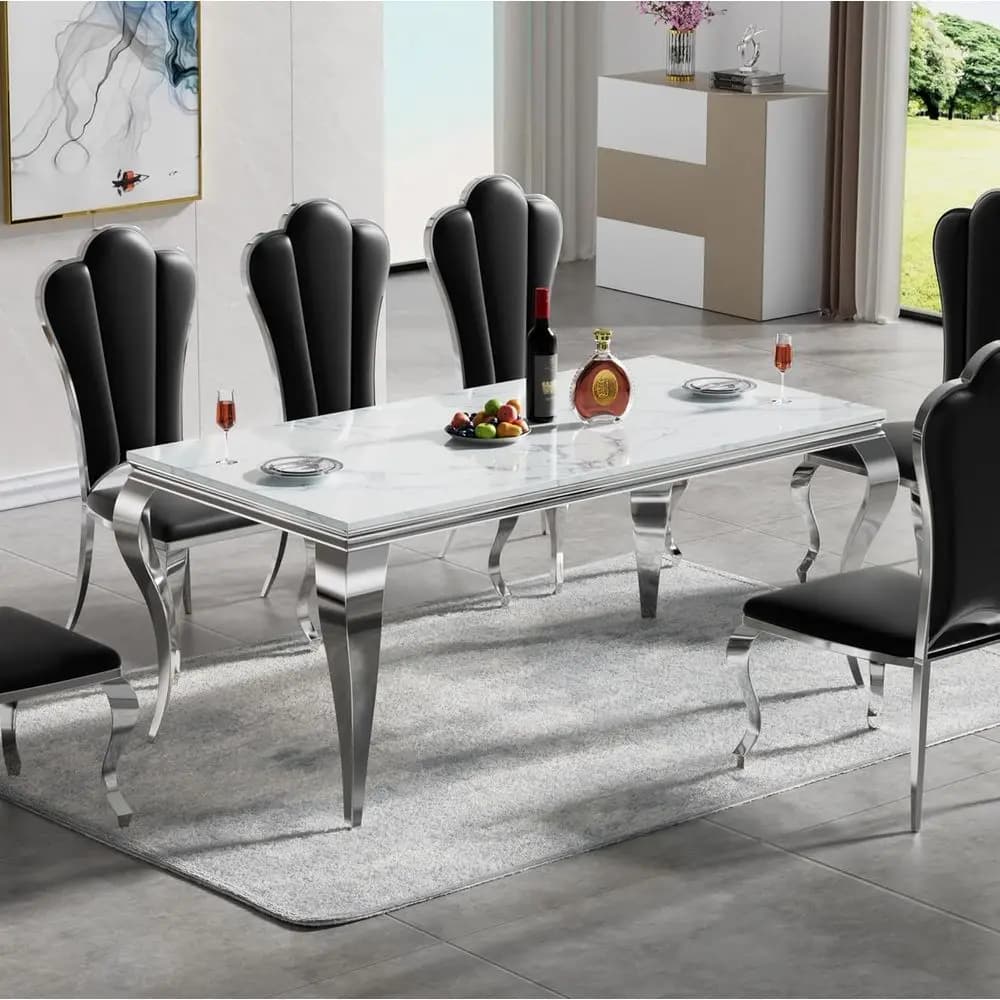 White Marble Kitchen Table with Silver Legs, 68 for 6-8 People, Luxurious Dining Room Furniture (No Chairs)