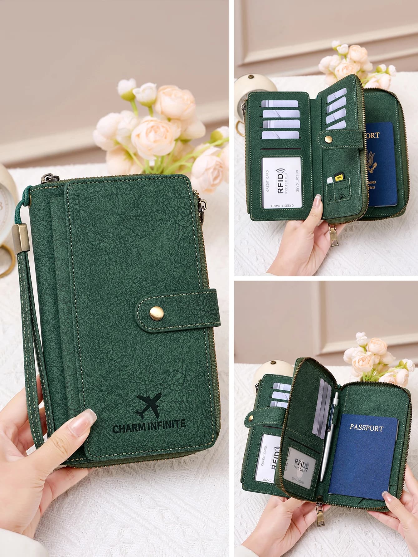 Porta Passaporto con Protezione RFID in Pelle PU, Portafoglio da Viaggio con Multi Scomparti per Carte, Organizzatore Documenti con Cinturino da Polso per Donne e Uomini