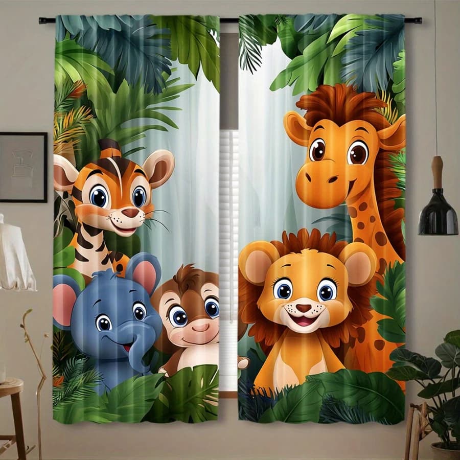 2PCS Digital Printed Curtains, Jungle Adventure Wild Animals Safari, Window Treatments for Living Room Bedroom Home Decoration