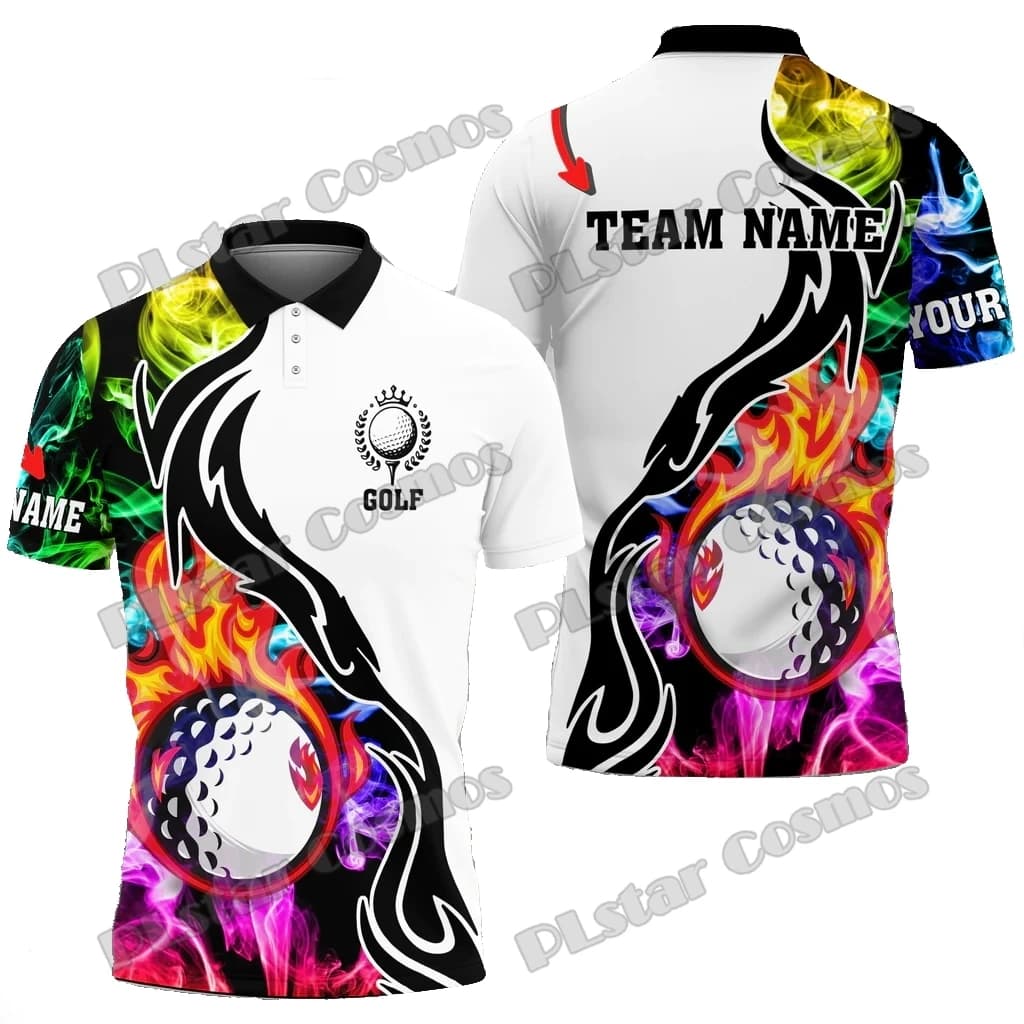 Nome personalizzato Palla da golf Fuoco Modello di fumo multicolore Polo da uomo stampata in 3D Polo estiva unisex casual WK264