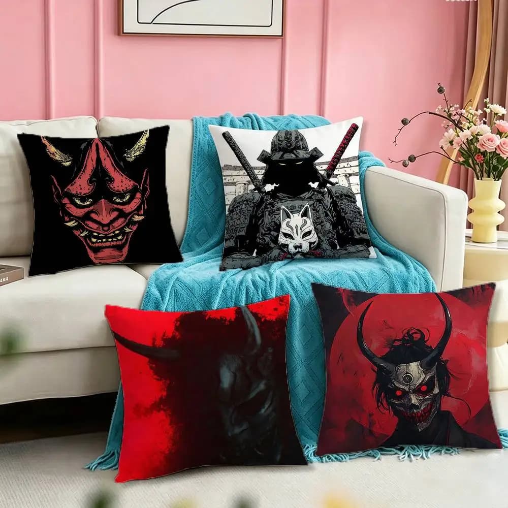 Japan Ghost Face Samurai Square Double-Sided printed Pillow Case Bedroom Bedside Pillow Sofa Cushion Cover