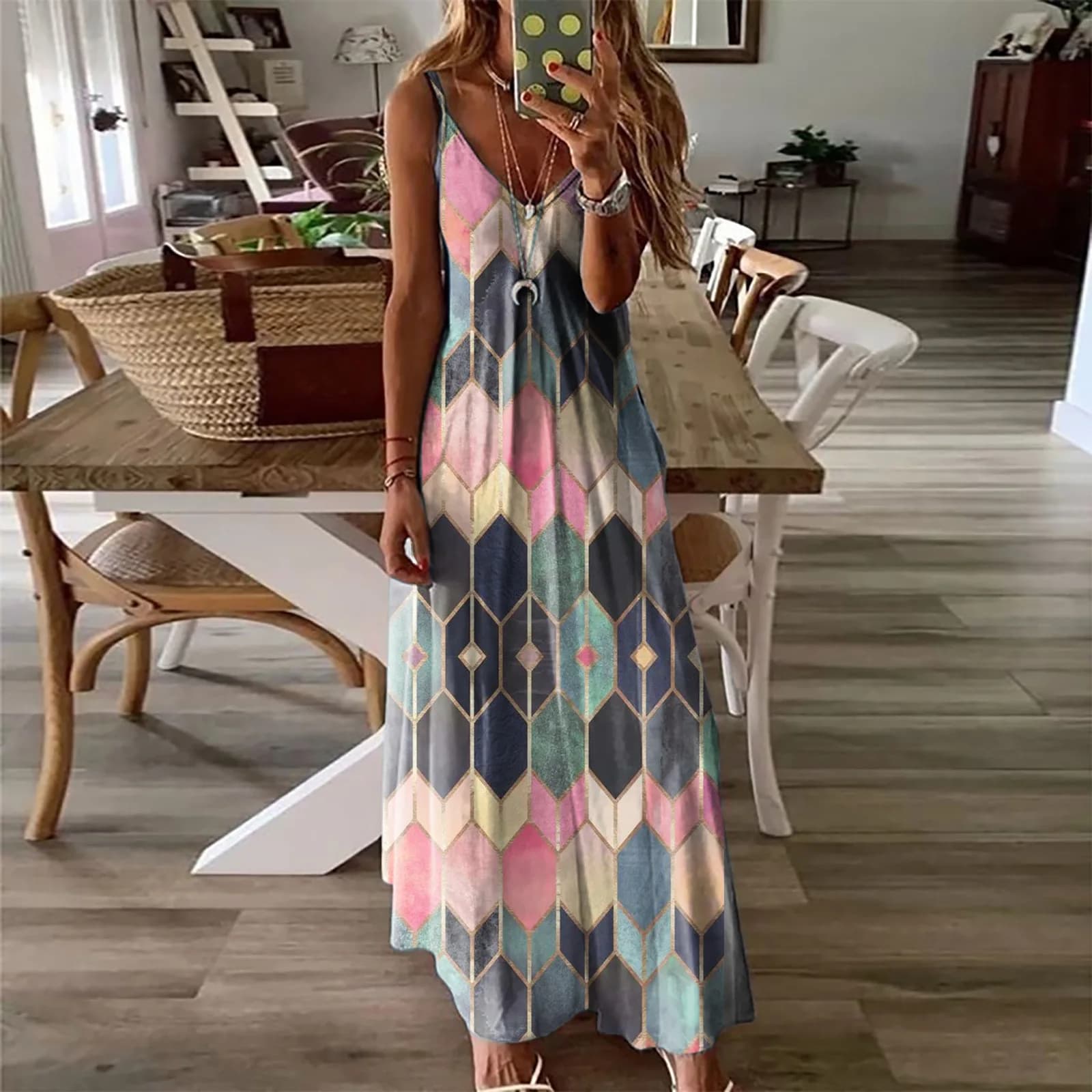 2024Women's Summer Casual Printed Camisole Vest Dress Long Dress