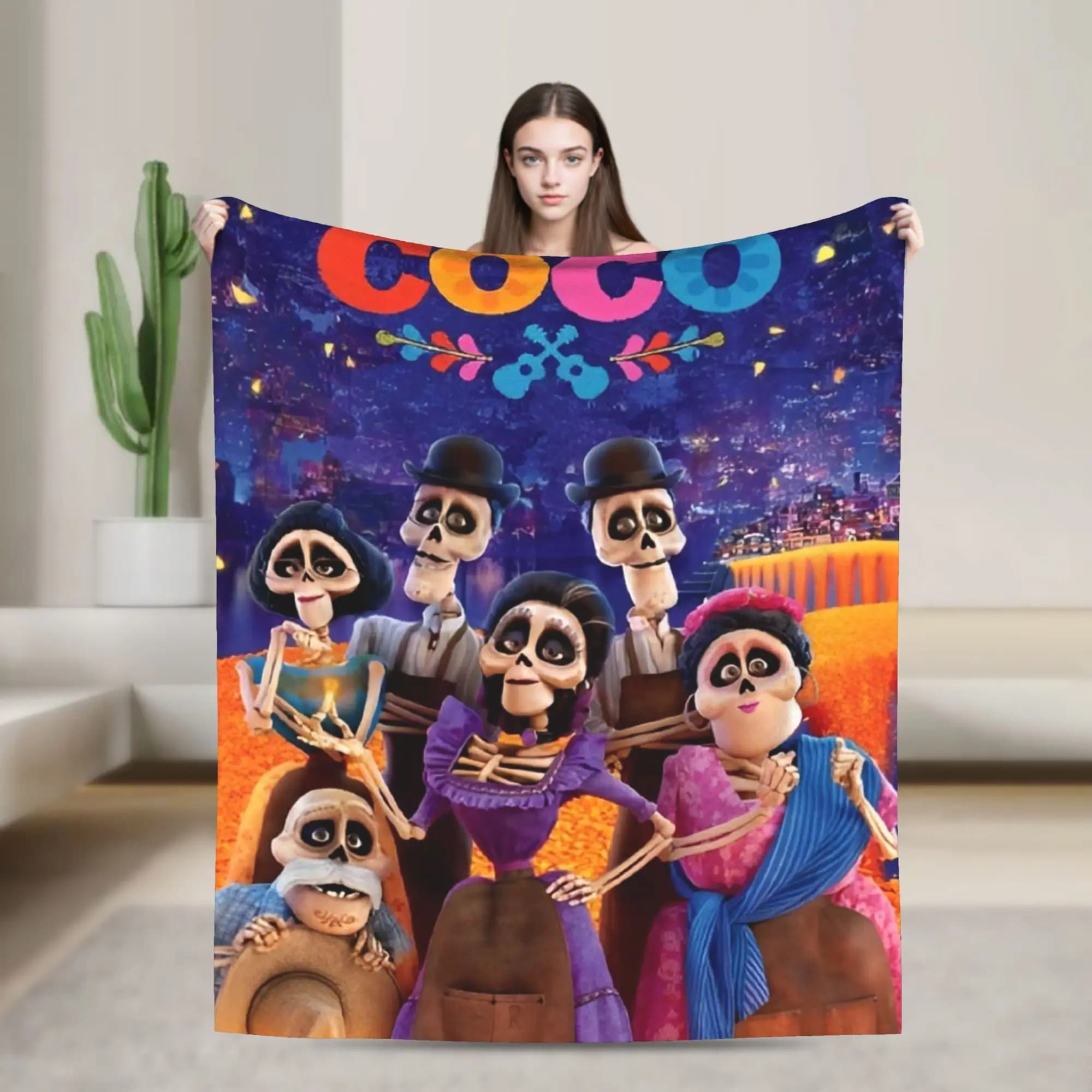 Cartoon Coco Day of The Dead Coperta in pile di corallo Decorazione in peluche Coperta calda traspirante per biancheria da letto Pezzo di tappeto per auto