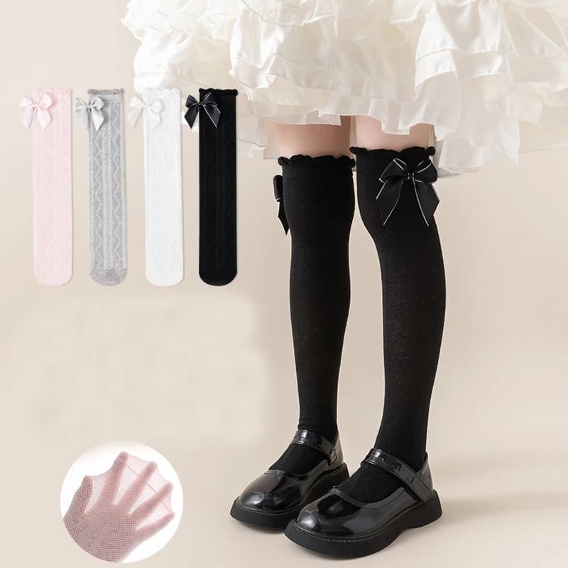 2 Pairs Girl Knee High Sock Spring Summer Baby Kids Toddlers Long Soft Cotton Socks Student Lace Bow Children Lolita Style Socks