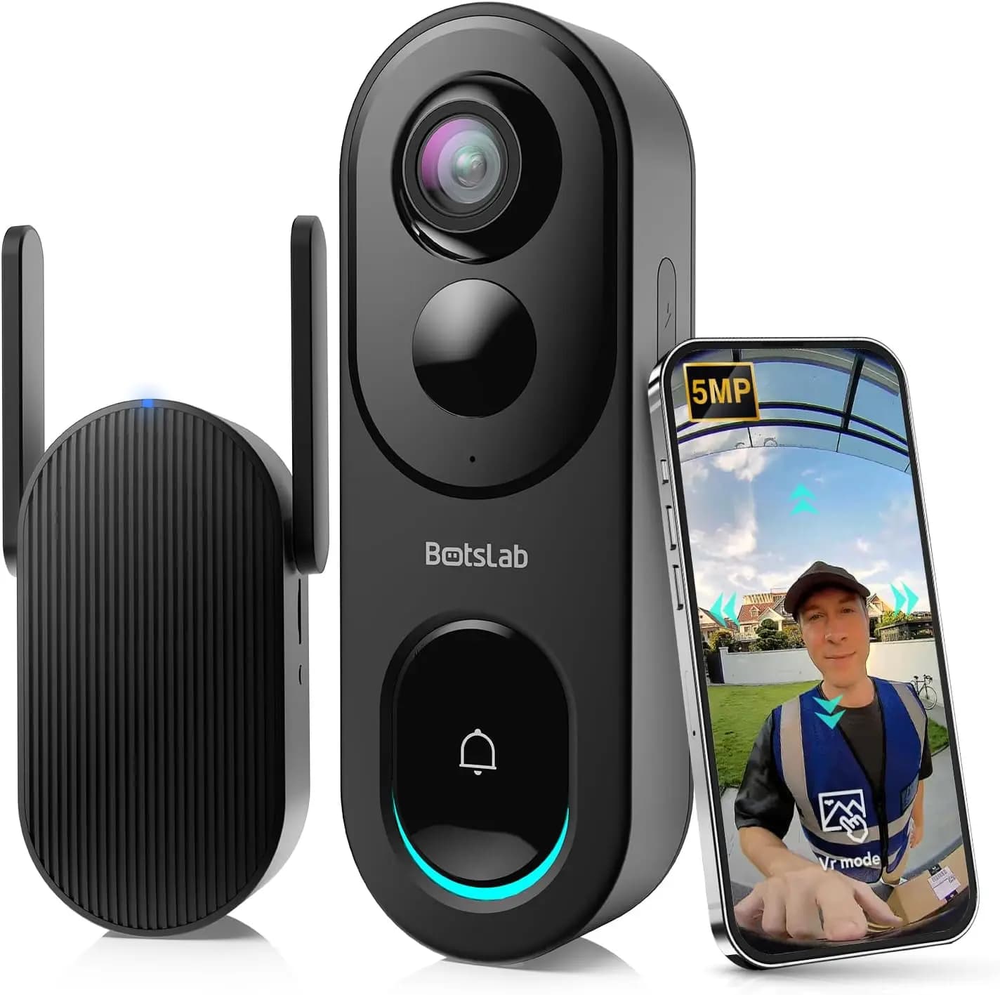 Campanello Video Wireless con 5MP, 180° ° Visualizzazione, senza costi mensili, rilevamento del movimento tramite IA, compatibile con Alexa/Google