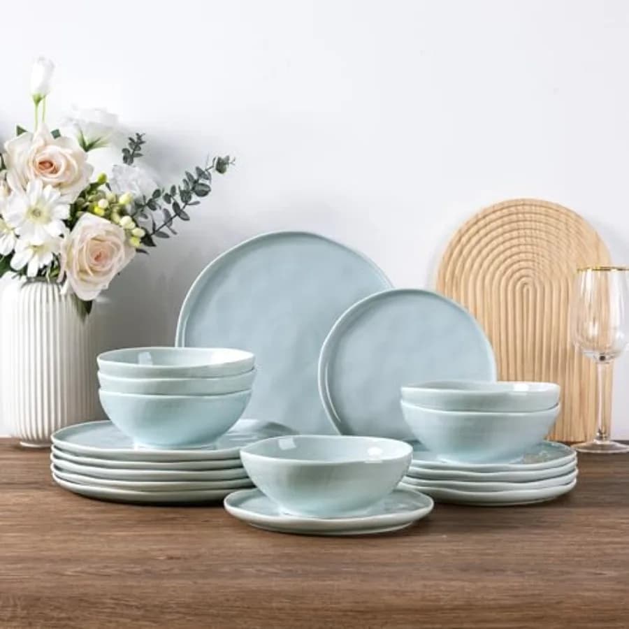 Set di Stoviglie in Ceramica per 6 Persone, Piatti e Ciotole in Porcellana con Bordo Ondulato, Adatti per Microonde, Lavastoviglie e Forno, Peso a