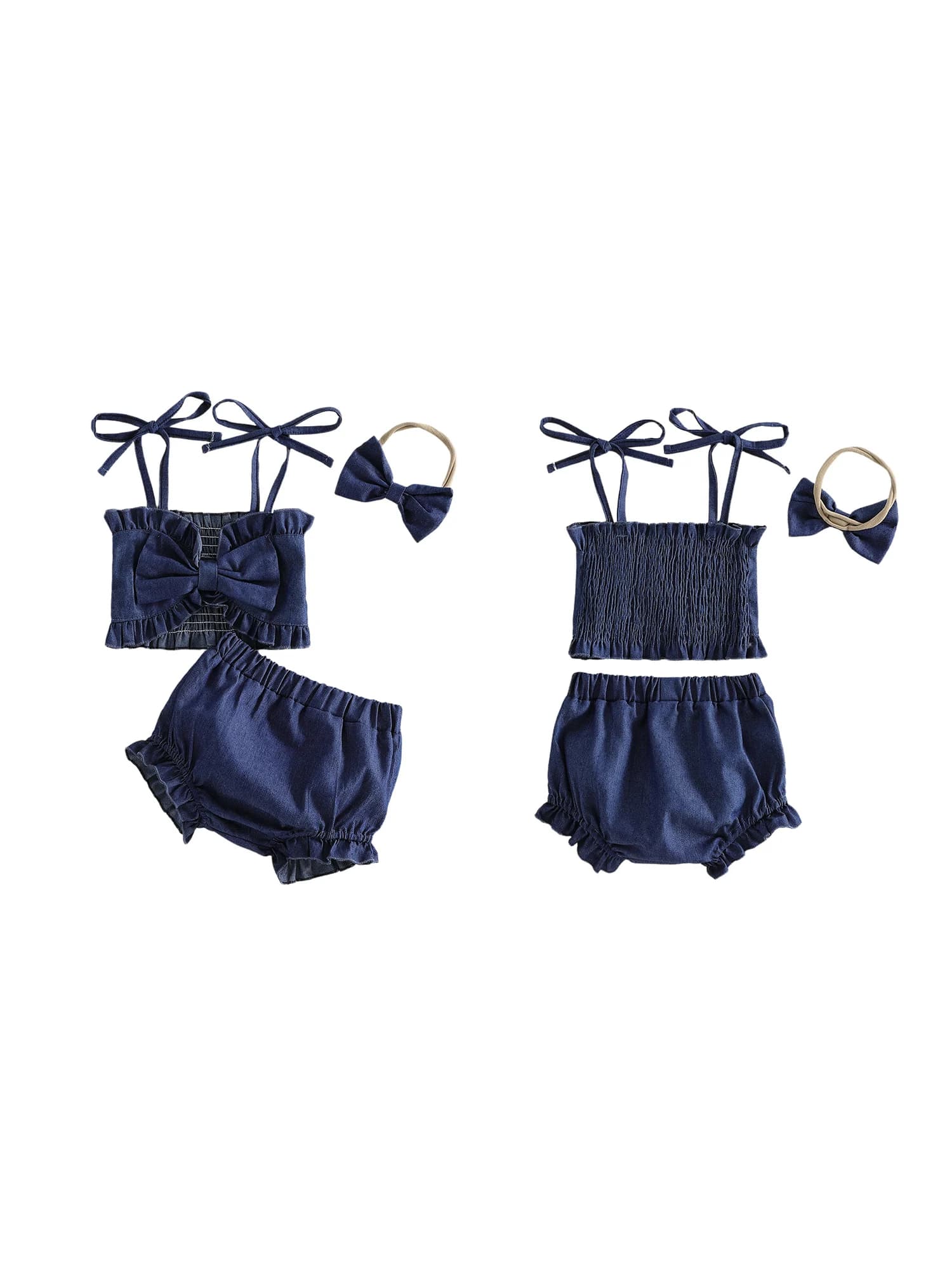 Set di abiti estivi in 3 pezzi per ragazze con top in denim senza maniche, pantaloncini con fiocco e fascia per capelli abbinata