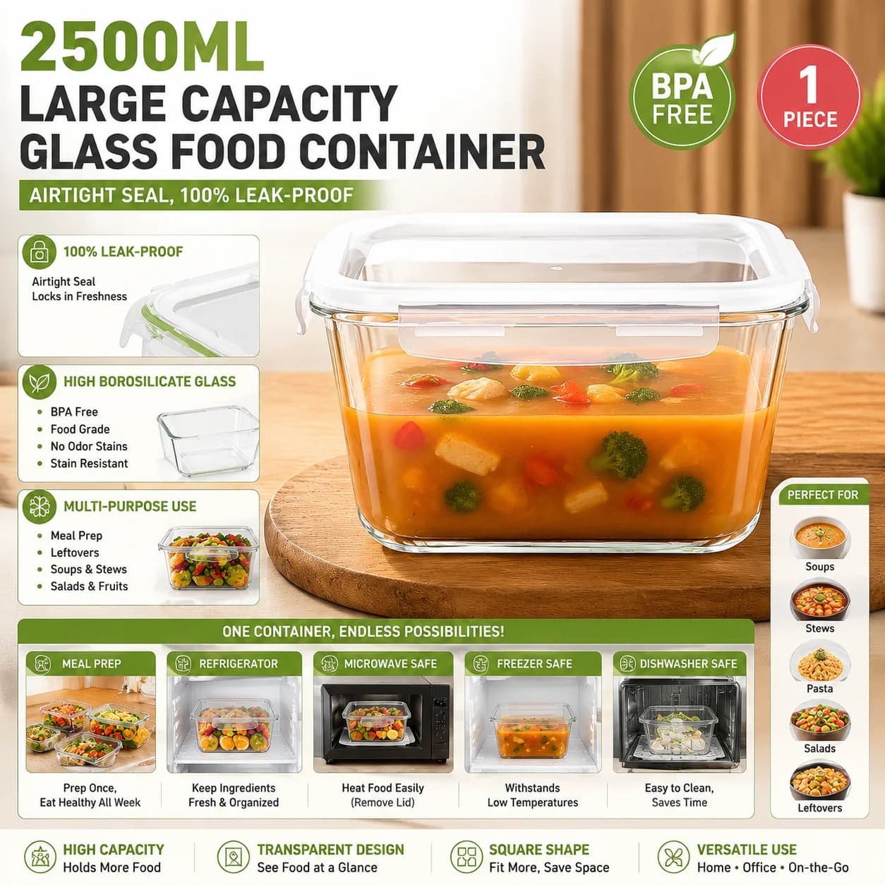 2500ml Large Glass Food Storage Container High Borosilicate Glass Airtight Leak Proof Box BPA Free Meal Prep Lunch Box Microwave