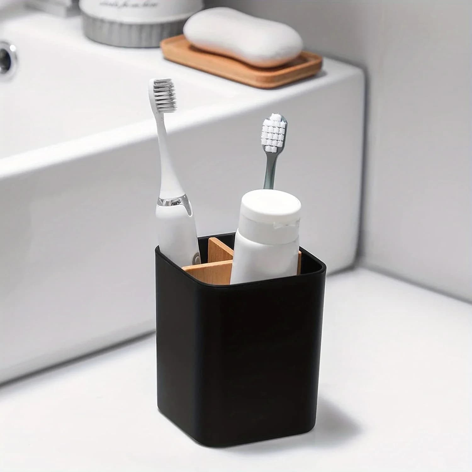 Portaspazzolino e dentifricio nero a 3 slot - Organizer da bagno indipendente per spazzolini da denti, filo interdentale, rasoi