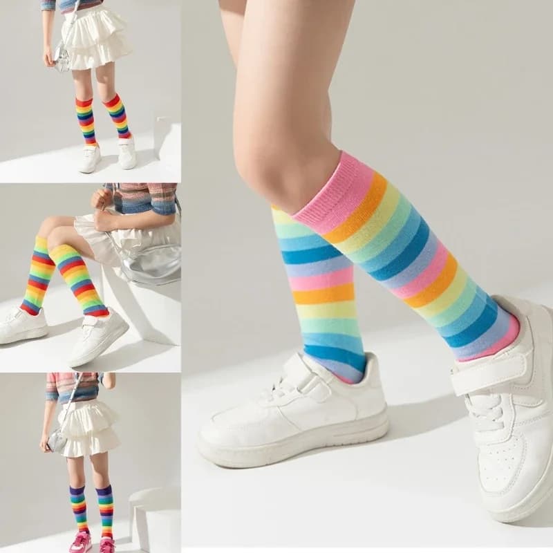 1 paio 3-12T calzini arcobaleno alla moda per bambini primavera autunno calze a righe al polpaccio calzini per bambini calzino per ragazze