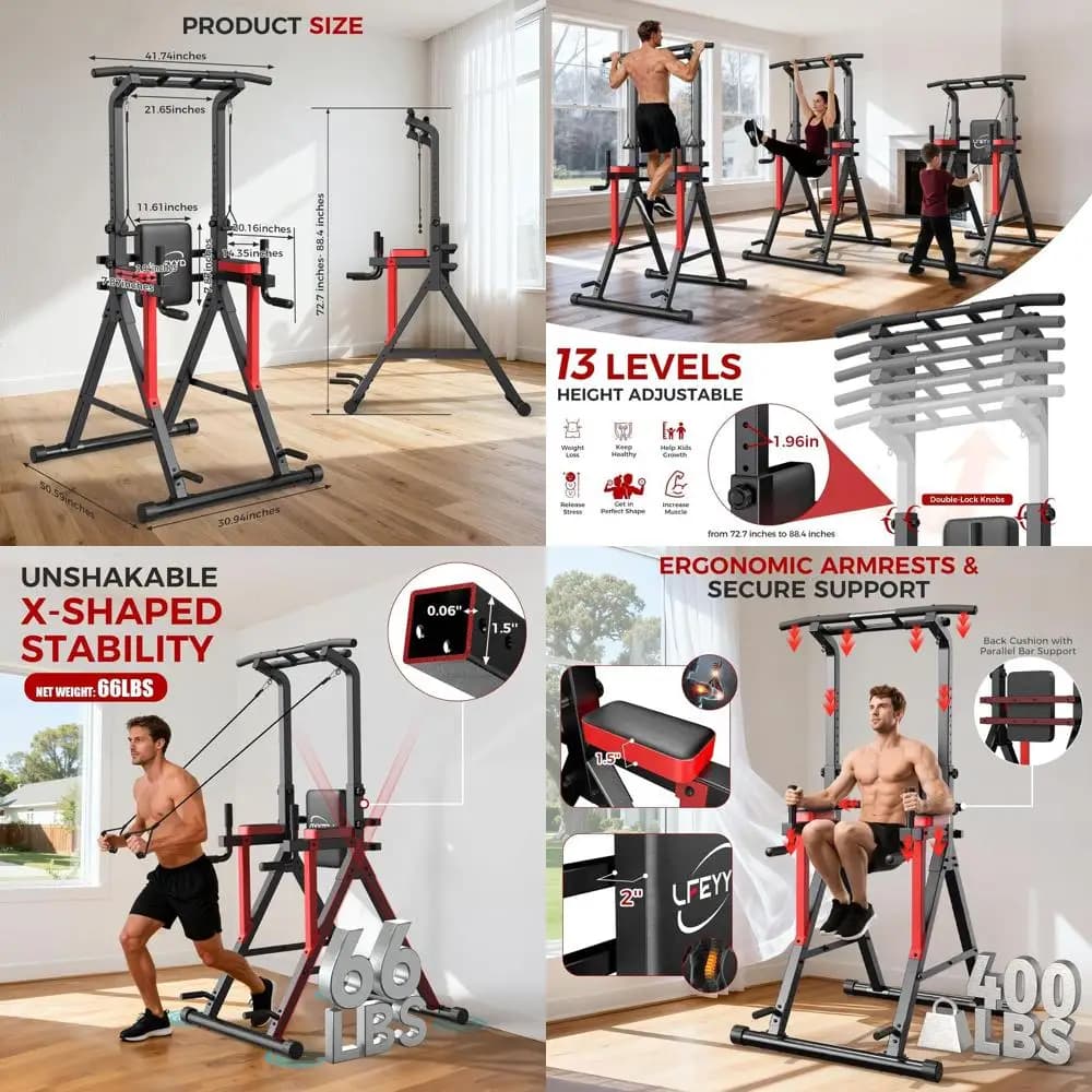 Power Tower Pull Up Bar - Dip Station Adjustable to 13 Levels of Height - Strength Training Equipment for Home Gym 400LBS