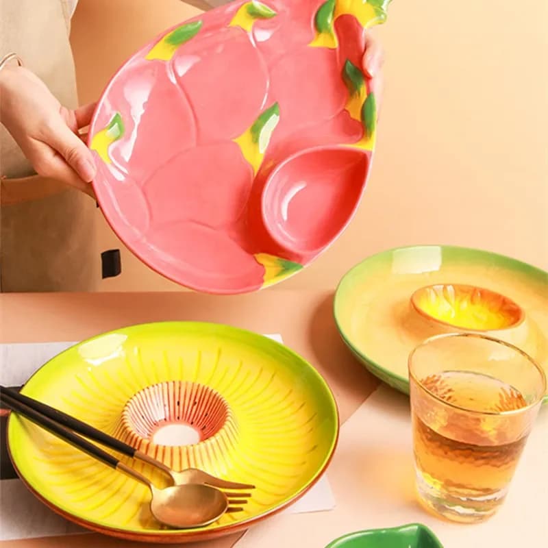 Ceramic Fruit Shaped Plate Creative Salad Candy Dried Fruit Snacks Grid Snack Plate Bowl Children's Dinner Dish Japanese