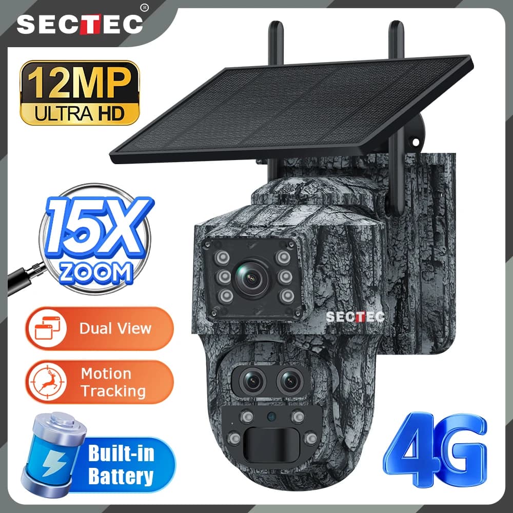 SECTEC 4G Outdoor Solar Camera Three Objective WiFi Security Camera 12MP HD PTZ Night Vision PIR IP66 Motion Detection