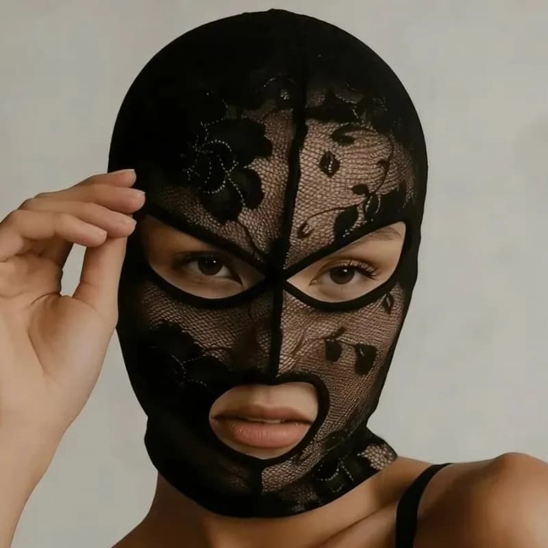 Unisex Full Face Venetian Gothic Lace Mask with Eye Mouth Openings,Black Mesh Headpiece