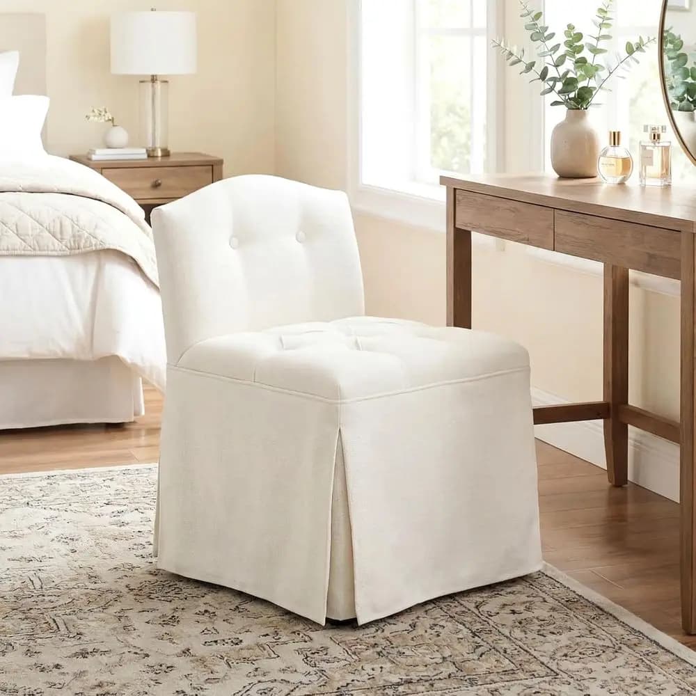 Sedia Imbottita con Gonna e Ruote, Piccola Sedia Decorativa con Schienale Basso e Gambe in Metallo per Scrivania Trucco o Camera da Letto