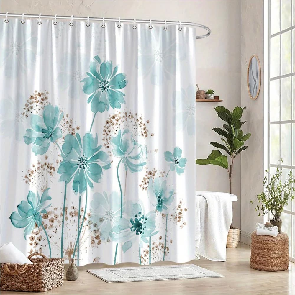 1 Turquoise floral watercolor shower curtain: light flowers with brown centers and abstract polyester seed pods, hook, washable