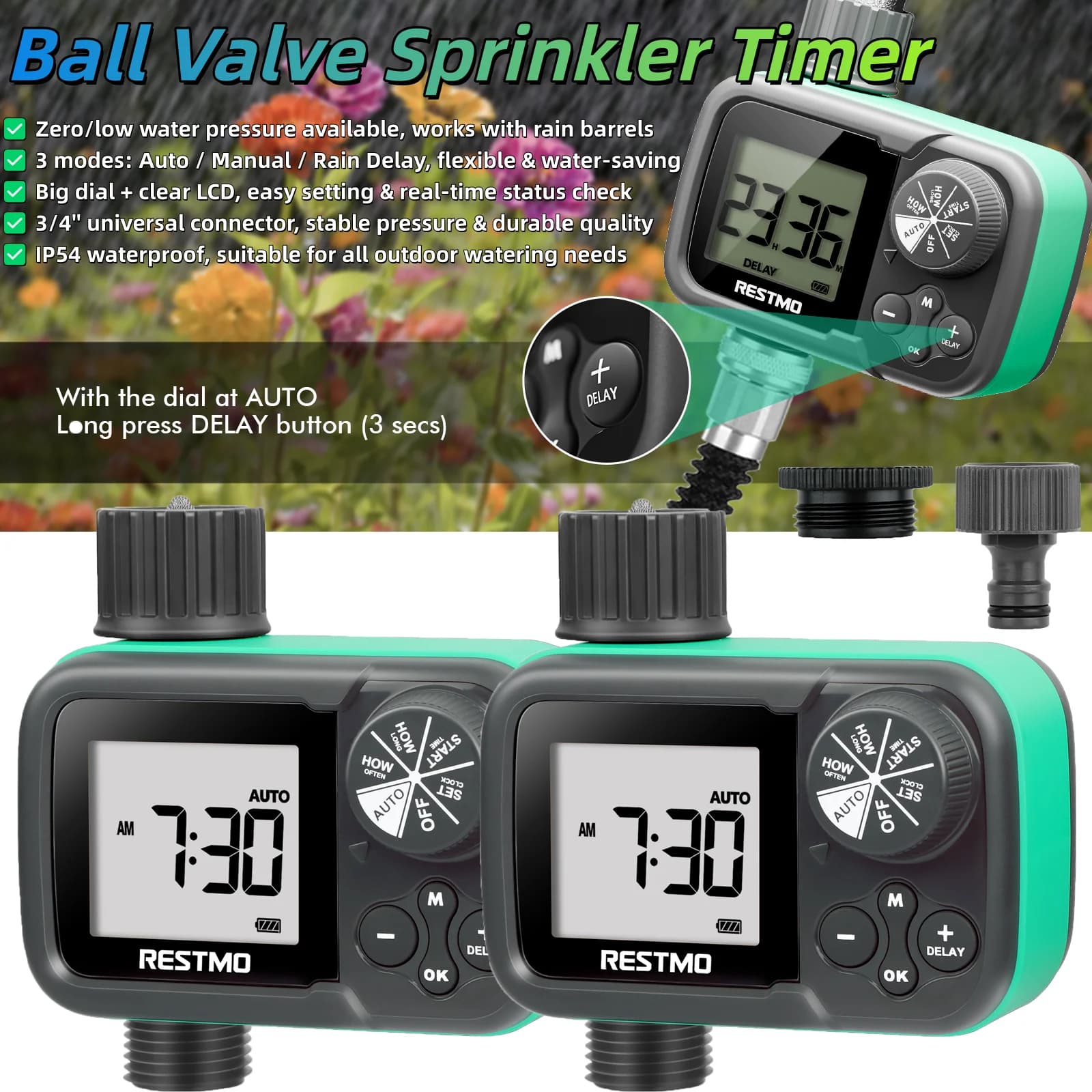 2 Pezzi Valvola a Sfera con Timer per Acqua, Controllo Irrigazione Automatico/Manuale per Barile di Pioggia, Rubinetto Esterno per Tubo da Giardino, Sistema di Irrigazione Prato