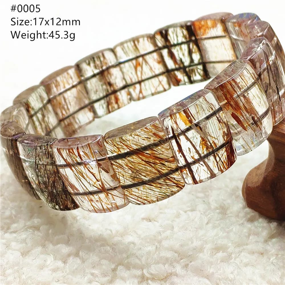 Bracciale in Quarzo Rutilato Nero Naturale con Perle Rettangolari Trasparenti Super 7, Gioielli in Rame per Donna e Uomo, Rutilato Dorato Trasparente AAAAAA