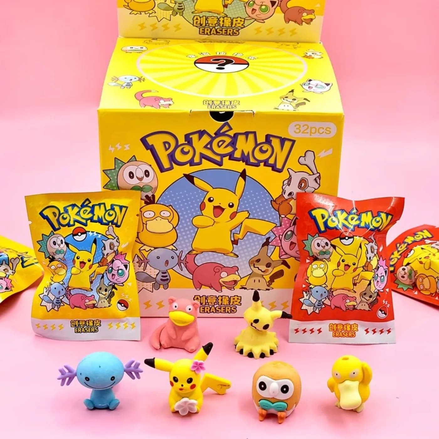 Pikachu Pokemon Mystery Blind Bag Surprise Erasers Cute Cartoon Stationery Prizes Toy Figures Collectible Pencil Rubber
