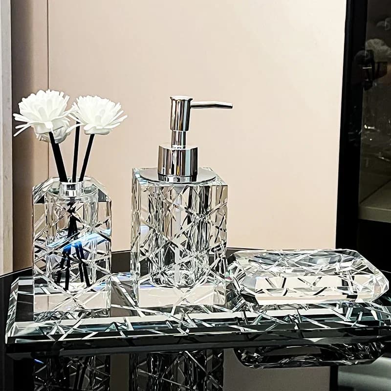 Light Luxury Crystal Bathroom Accessories High End Hotel Cutting Glass Style Toothbrush Holder Home Lotion Bottle Storage Tray
