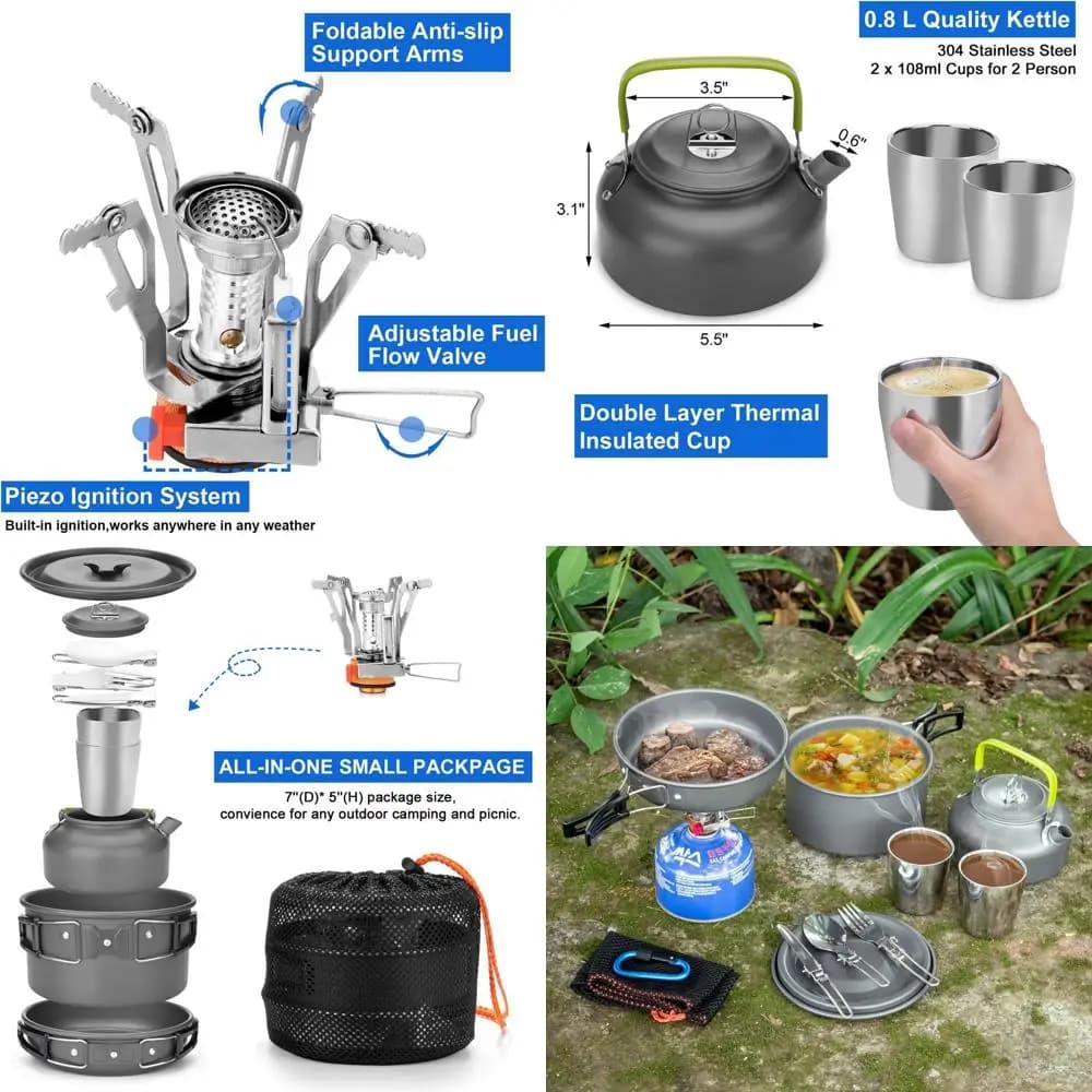 Kitchen set Compact with 12 Pieces for Camping with Mini Stove, Light Pen, Tea/Coffee Maker, Kettle and 2 Cups, Ideal for Backpacking, Hiking