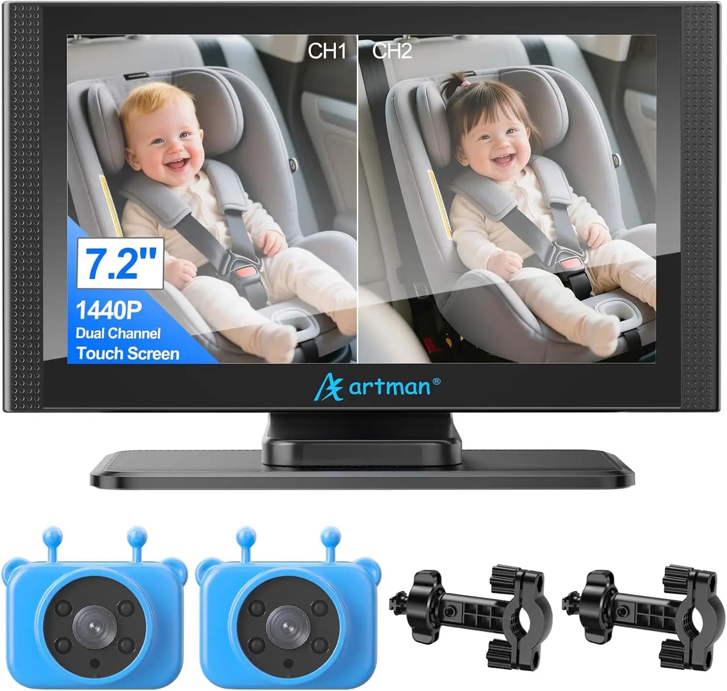 Monitor per Auto con Schermo Touch IPS da 7,2'' con Visione Notturna IR Doppia, HD 1440P per Bambini e Animali Domestici, Installazione Facile Senza Danni