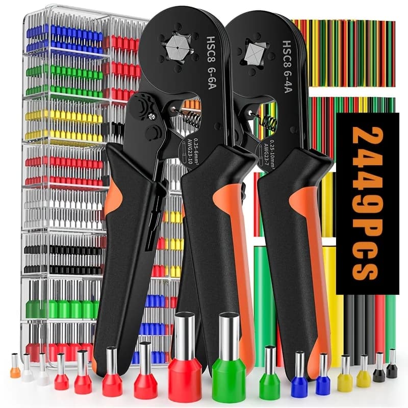 Set di Pinze Crimpatrici per Terminali con Meccanismo a Cricchetto Autoregolante, 2449 Pezzi - Include 2120 Connettori per Cavi e 328 Guaine Termorestringenti, Ideale per Cablaggio Elettrico Automobilistico e Industriale, Non Elettrico - Perfetto per Fai-da-Te e Elettricisti Professionisti