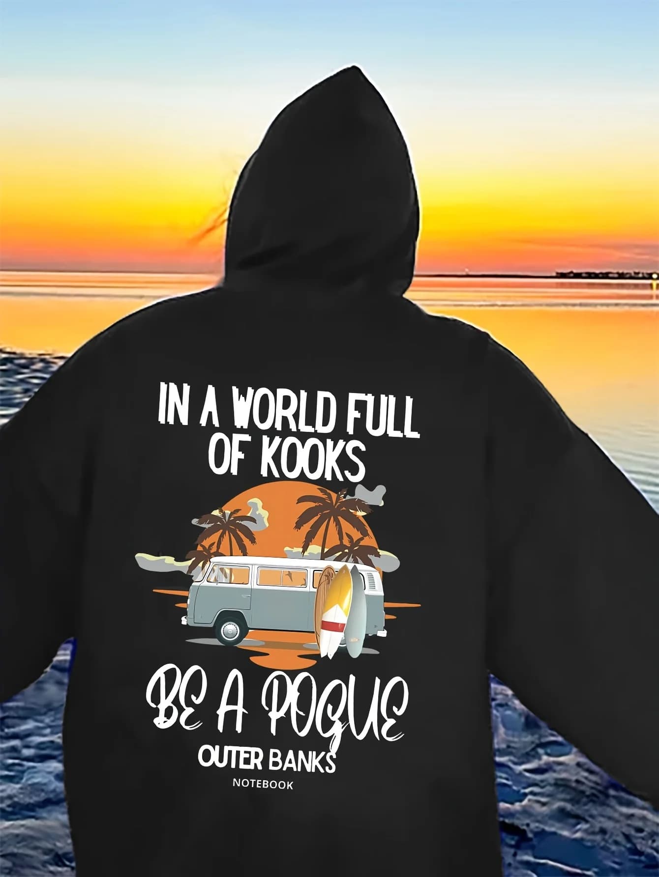 Felpa con cappuccio casual ispirata all'Outer Banks - Stampa con motivo alfabetico al 100% in poliestere, goffrato personalizzato, con cappuccio, manica lunga