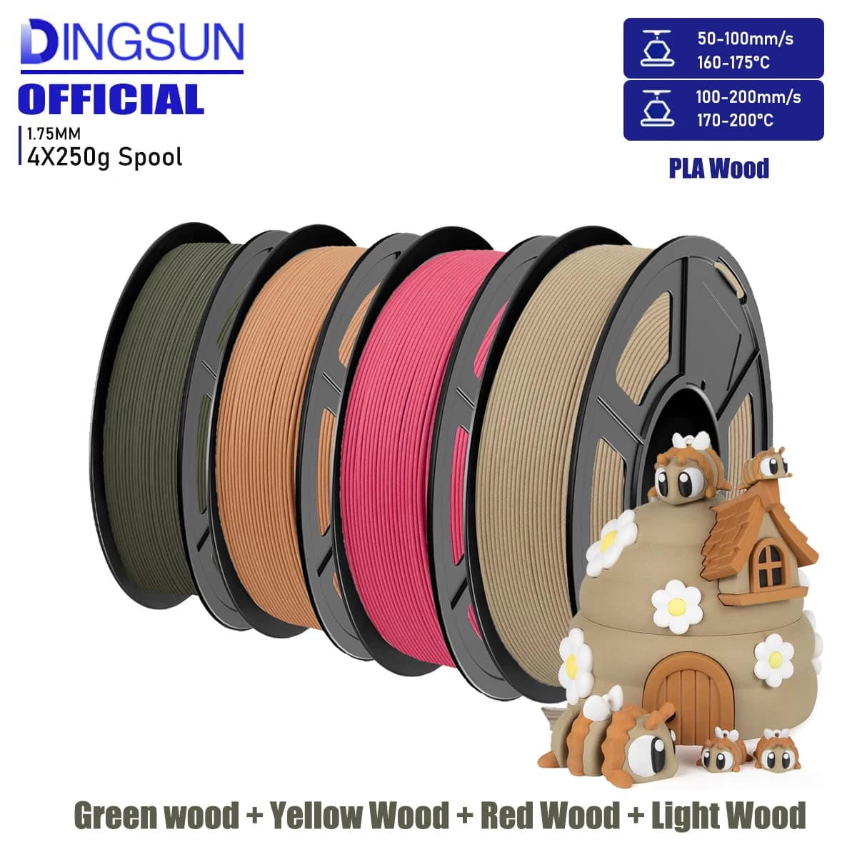 3D Printer Filament in PLA with 30% Wood Fiber 1.75mm ±0.03mm 250g×4 Packs Walnut Cherry Teak