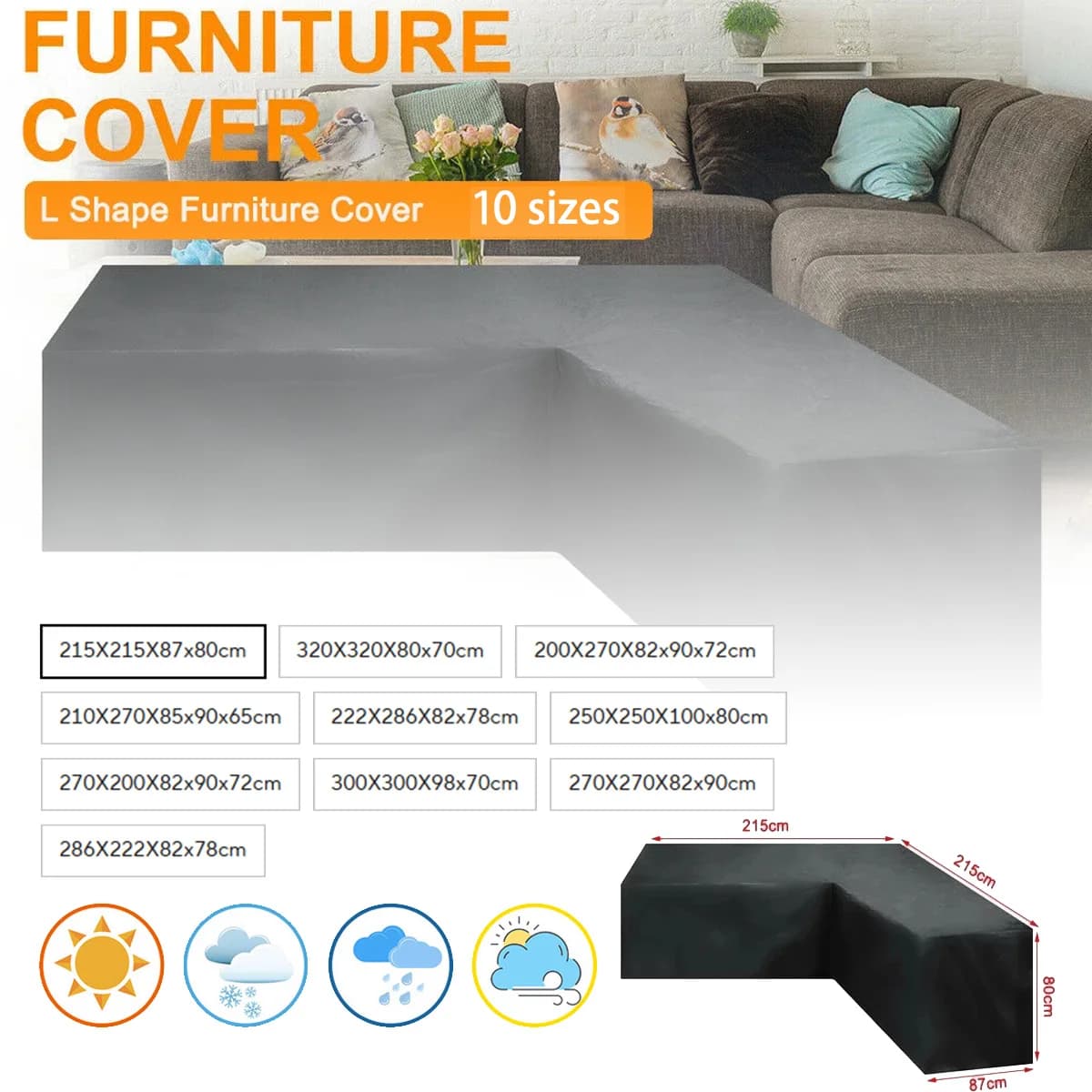 L-shaped waterproof cover for garden furniture, patio, rattan sofa, dustproof, V-shaped, mould-resistant, black