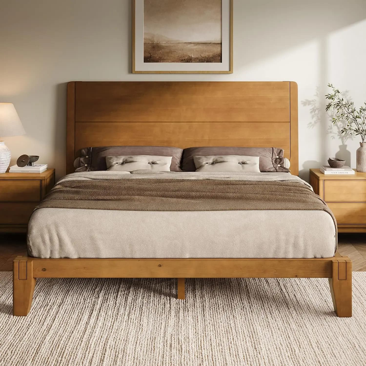 Solid Wood Queen Bed Frame with Headboard Japanese Joinery Brown, Customized