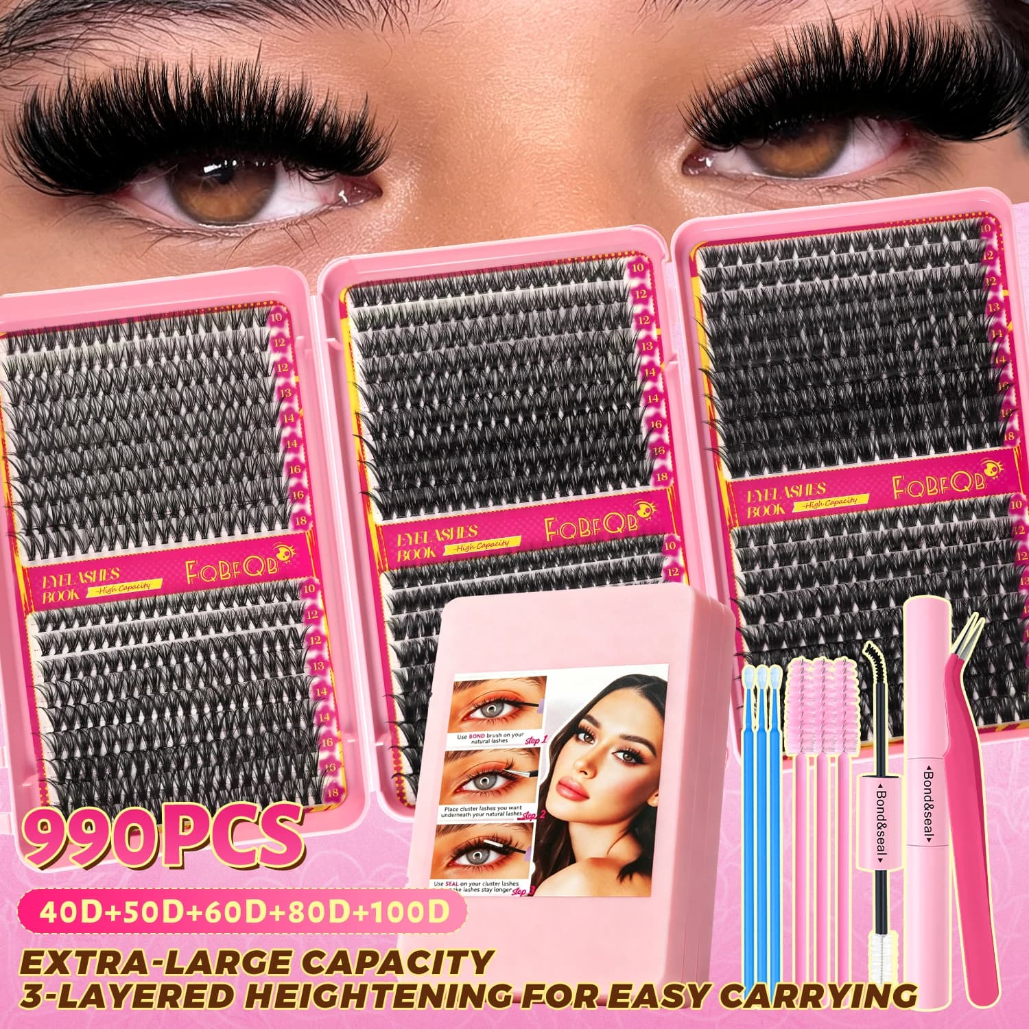 990Pcs 40D‑100D Mixed D Voluminous Cluster False Eyelashes 3‑Fold Large Capacity Lash Book Set Free DIY Style Lash Extension Kit