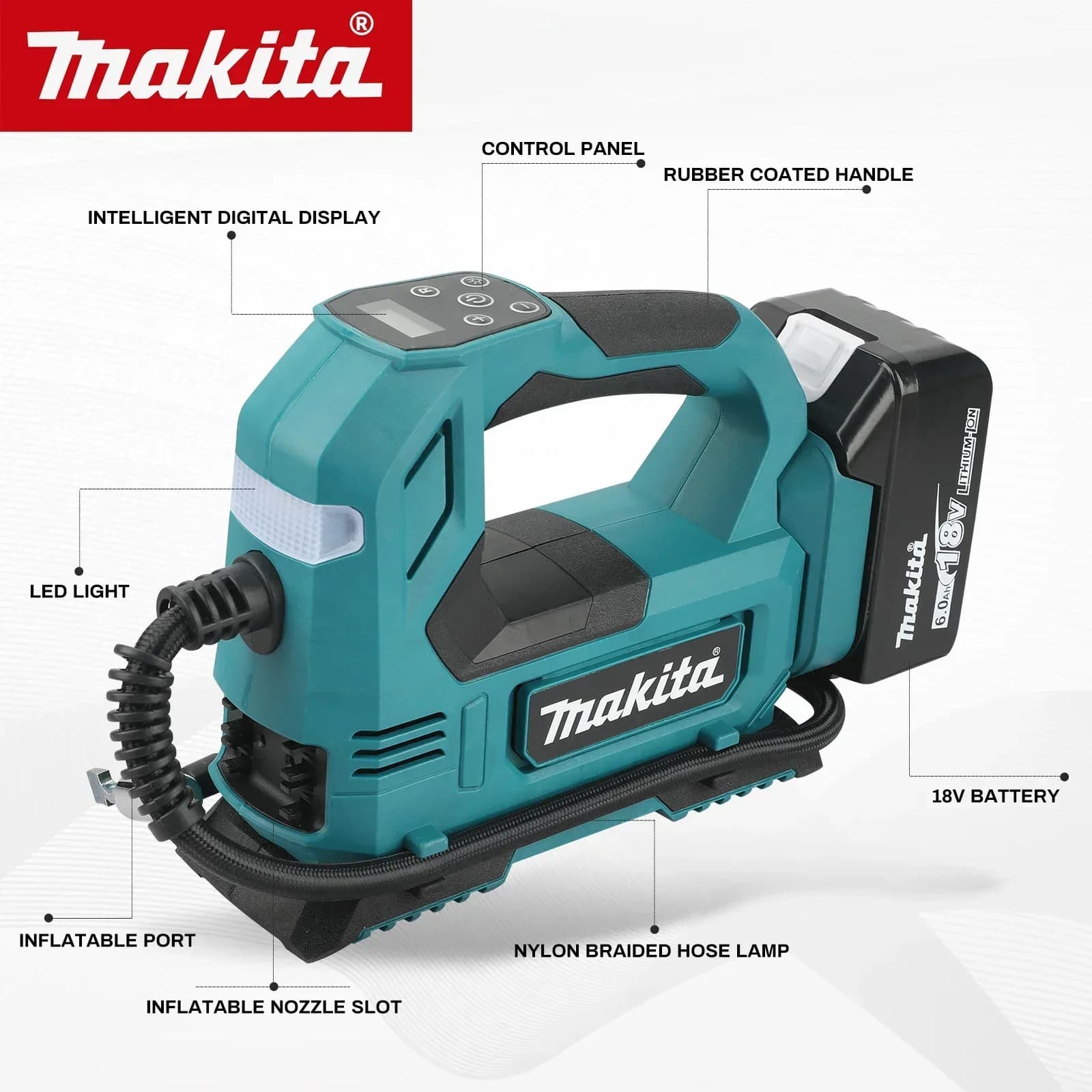 Gonfiatore ad Aria Portatile Senza Fili Makita 18V con Display Digitale e Spegnimento Automatico per Pneumatici di Auto, Moto e Biciclette (Solo Corpo Macchina)