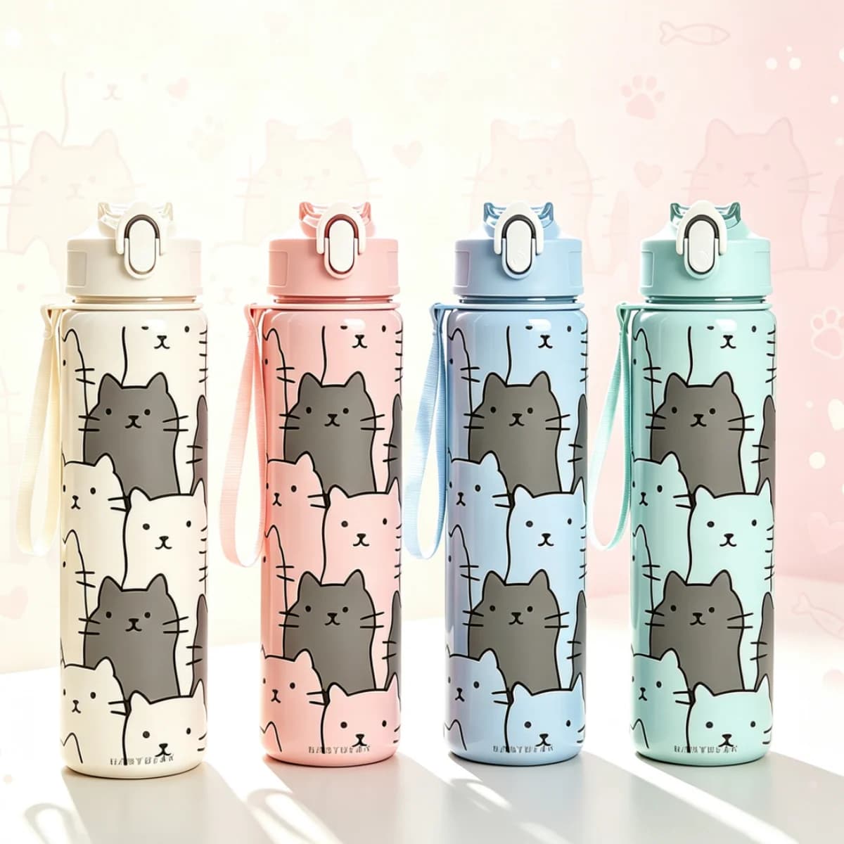 Cute Cartoon Cat Print Water Bottle 750ml Portable Plastic Drinking Bottle Leak‑proof Kids Sports Water Cup for Outdoor Travel