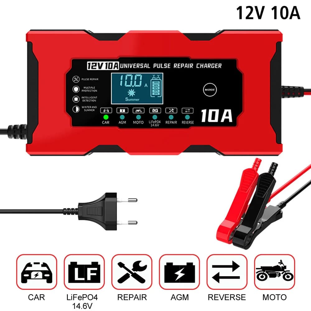 Batteria intelligente di ricarica 14.6V 10A Caricatore al litio ferro 12V 10A Spina UE/USA Caricabatteria per auto Riparazione impulsi Display LCD digitale