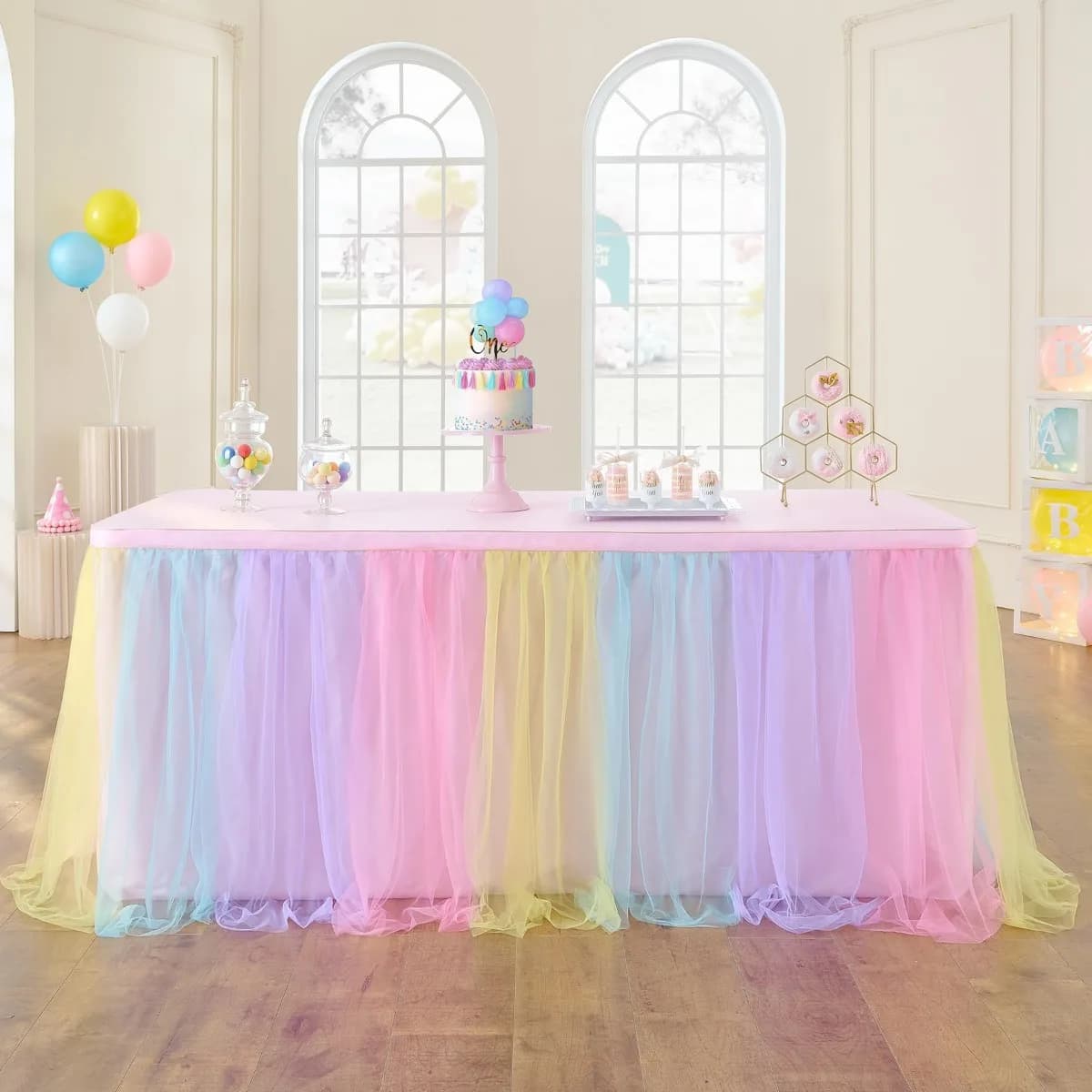 Rainbow Tulle Table Skirts for Rectangle Tables Pastel Color Ruffle Tulle Tutu Cloth Table Skirt for Birthday Party Baby Shower