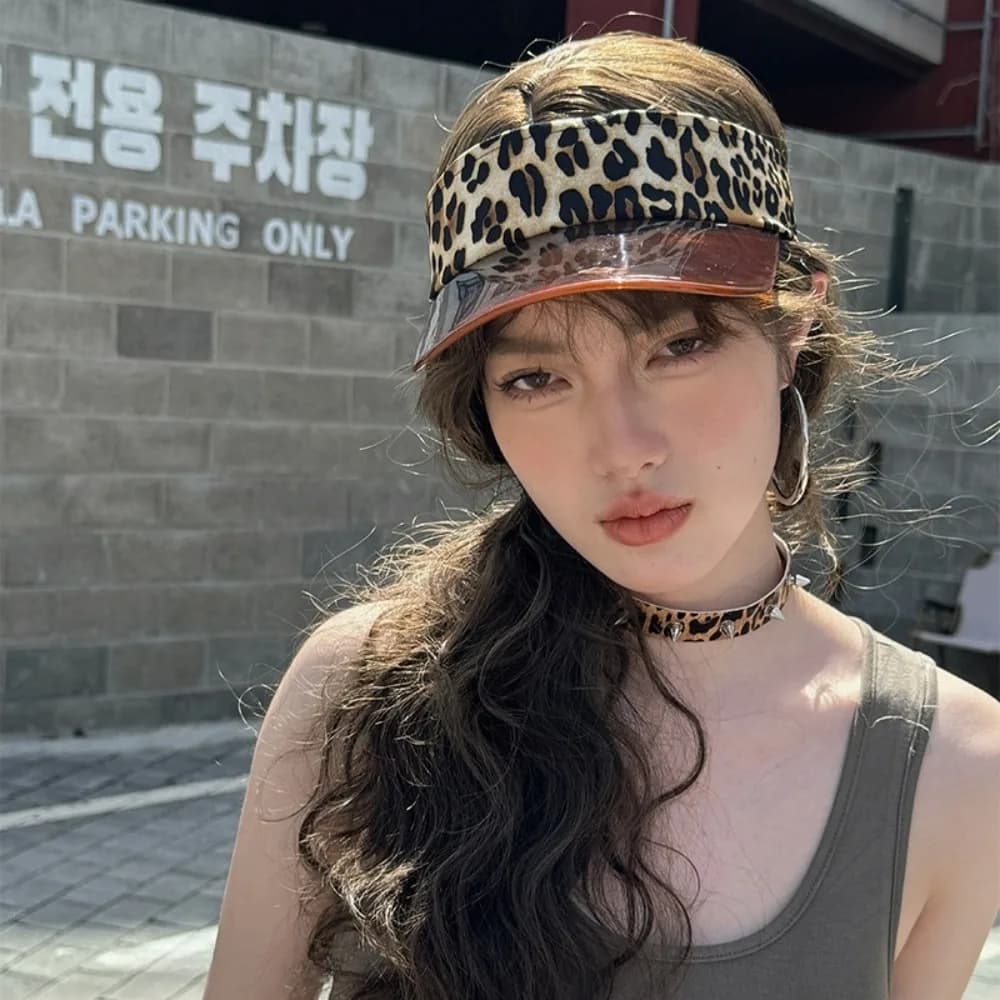 Fashion Parasol Hat with UV Protection, Leopard Print, Solid Color, Transparent, Adjustable, for Camping